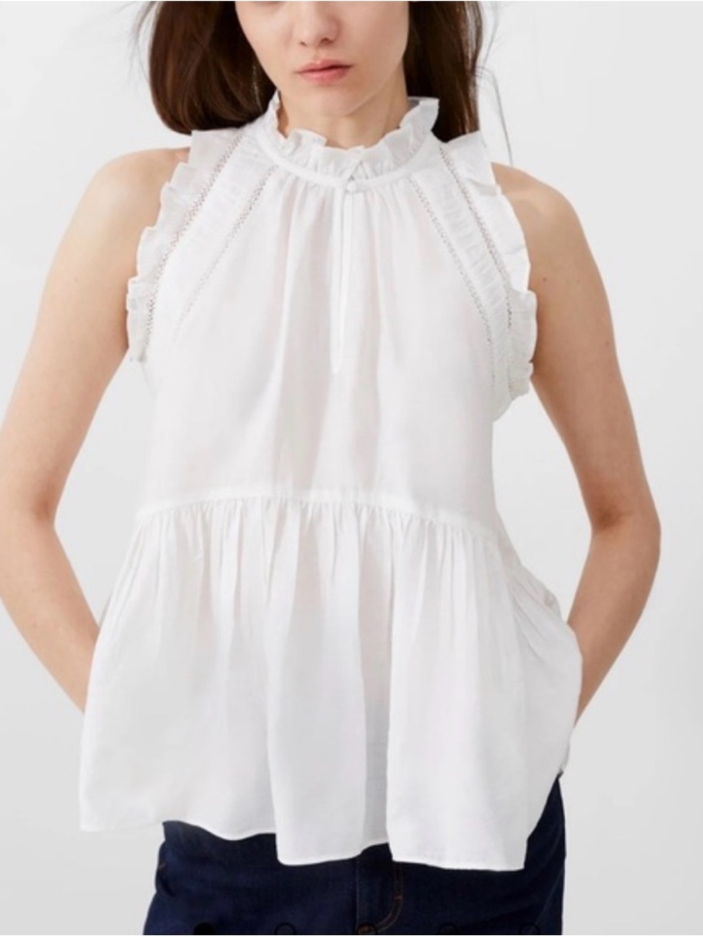 French Connection White Ruffle-Trim Halter Peplum Camisole